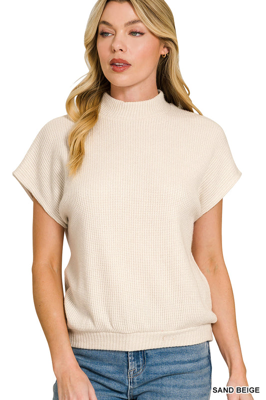 Zenana Women's Mock Neck Short Sleeve Sweater - Sand Beige