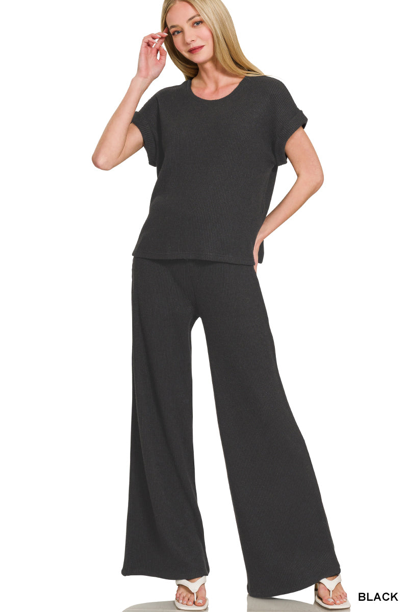 Zenana Women's Sweater Rolled Sleeve & Pants Set - Black