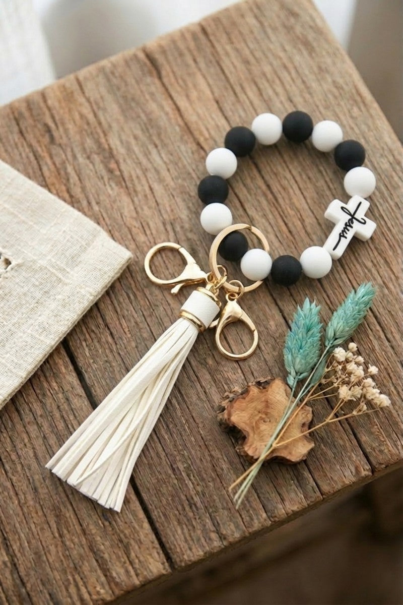 Jesus Cross Silicone Beaded Wristlet Keychain