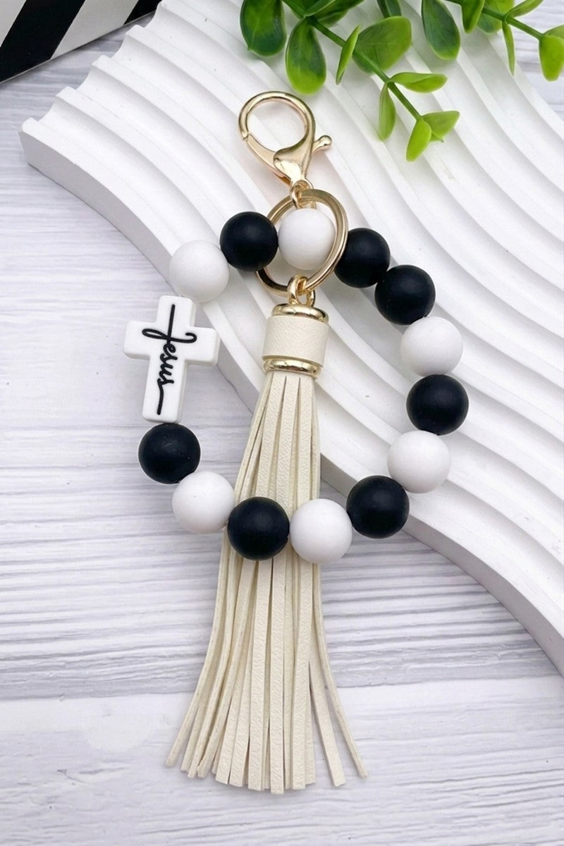 Jesus Cross Silicone Beaded Wristlet Keychain