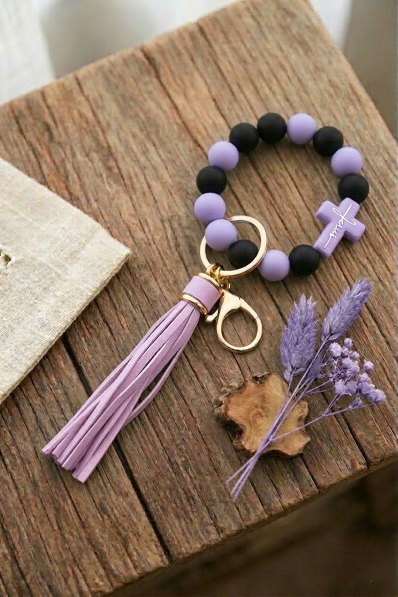 Jesus Cross Silicone Beaded Wristlet Keychain
