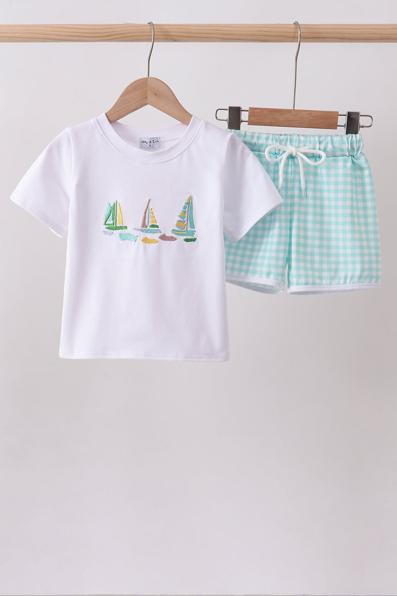 Abby & Evie White Sailboat Embroidery Boys Shorts Set - 4