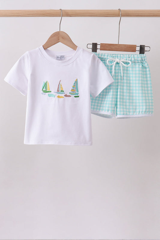 Abby & Evie White Sailboat Embroidery Boys Shorts Set - 4