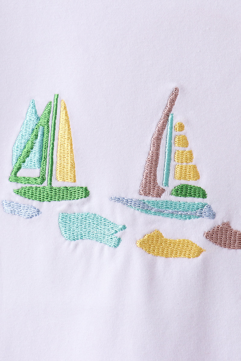 Abby & Evie White Sailboat Embroidery Boys Shorts Set - 4