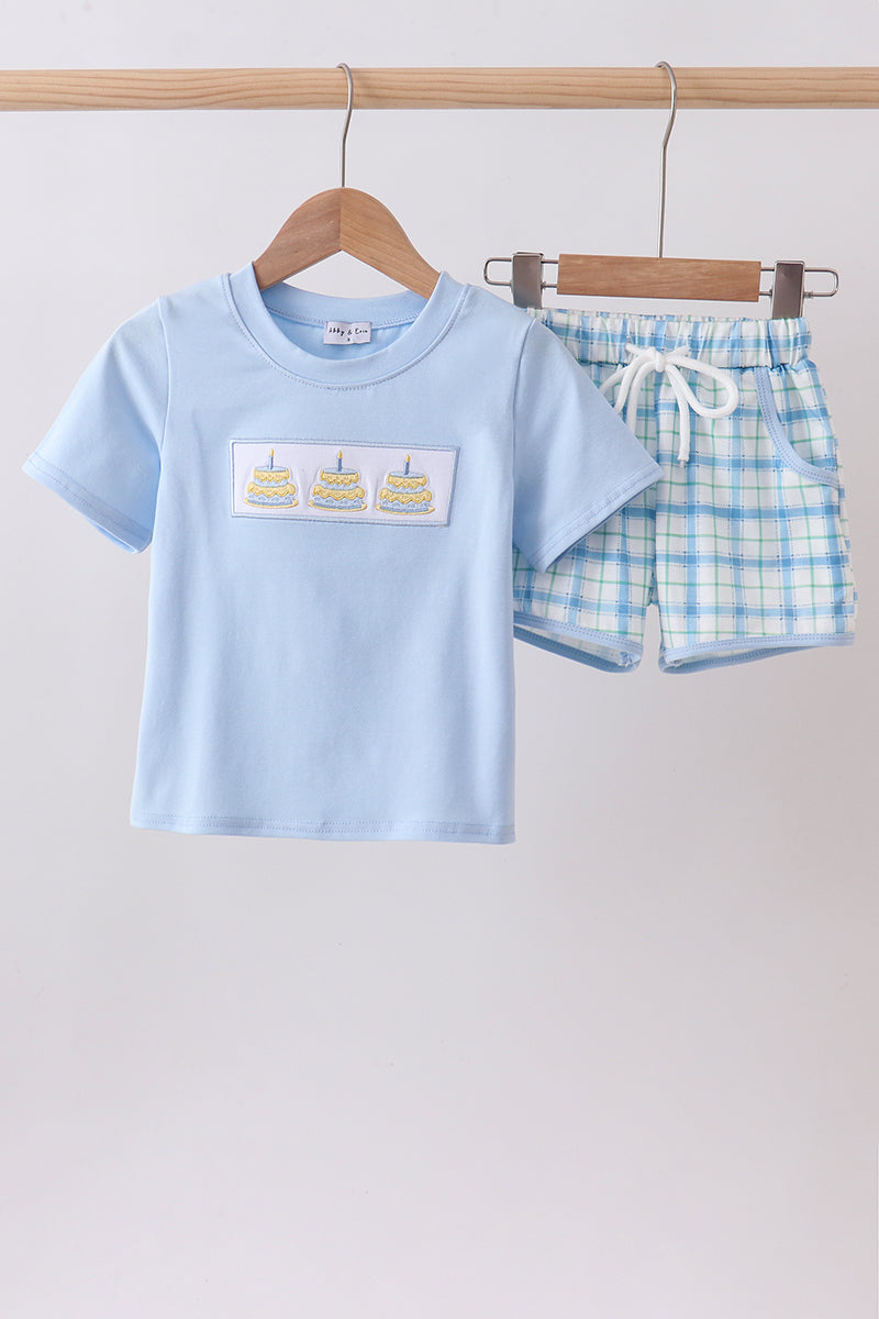 Abby & Evie Blue Birthday Cake Smocked Plaid Boys Shorts Set - 4