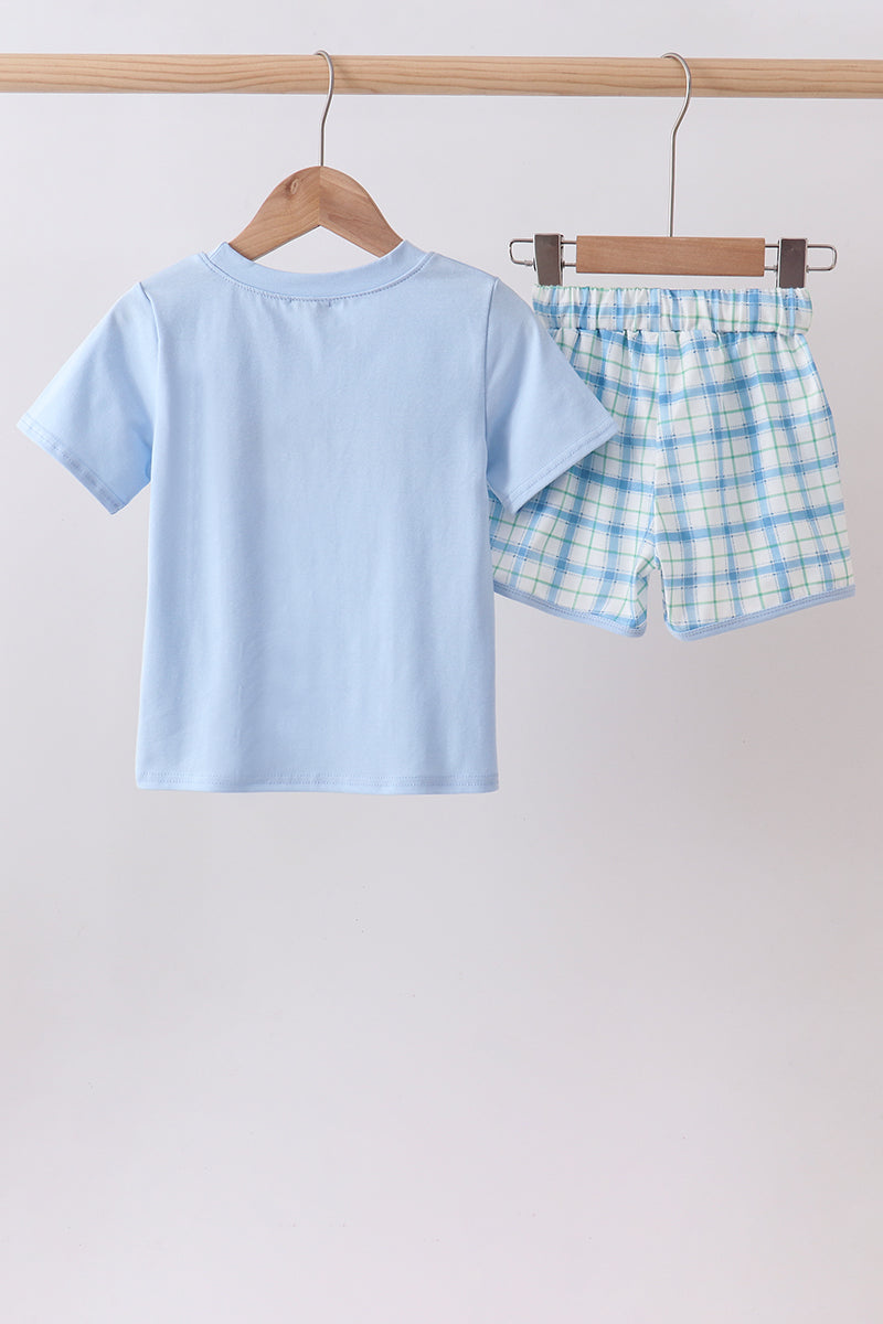 Abby & Evie Blue Birthday Cake Smocked Plaid Boys Shorts Set - 4