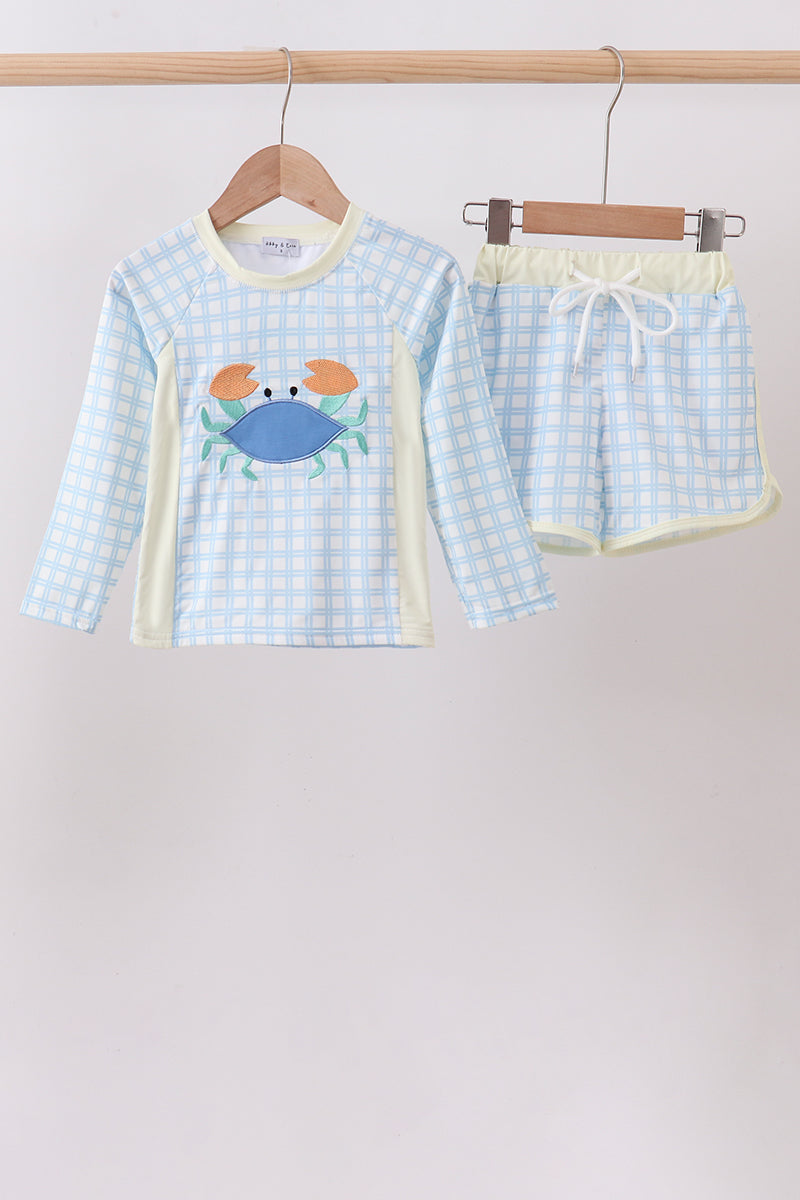 Abby & Evie Blue Crab Applique Plaid 2pc Boys Rashguard Set - 4