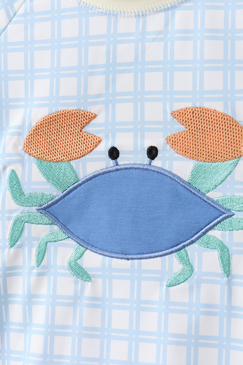 Abby & Evie Blue Crab Applique Plaid 2pc Boys Rashguard Set - 4