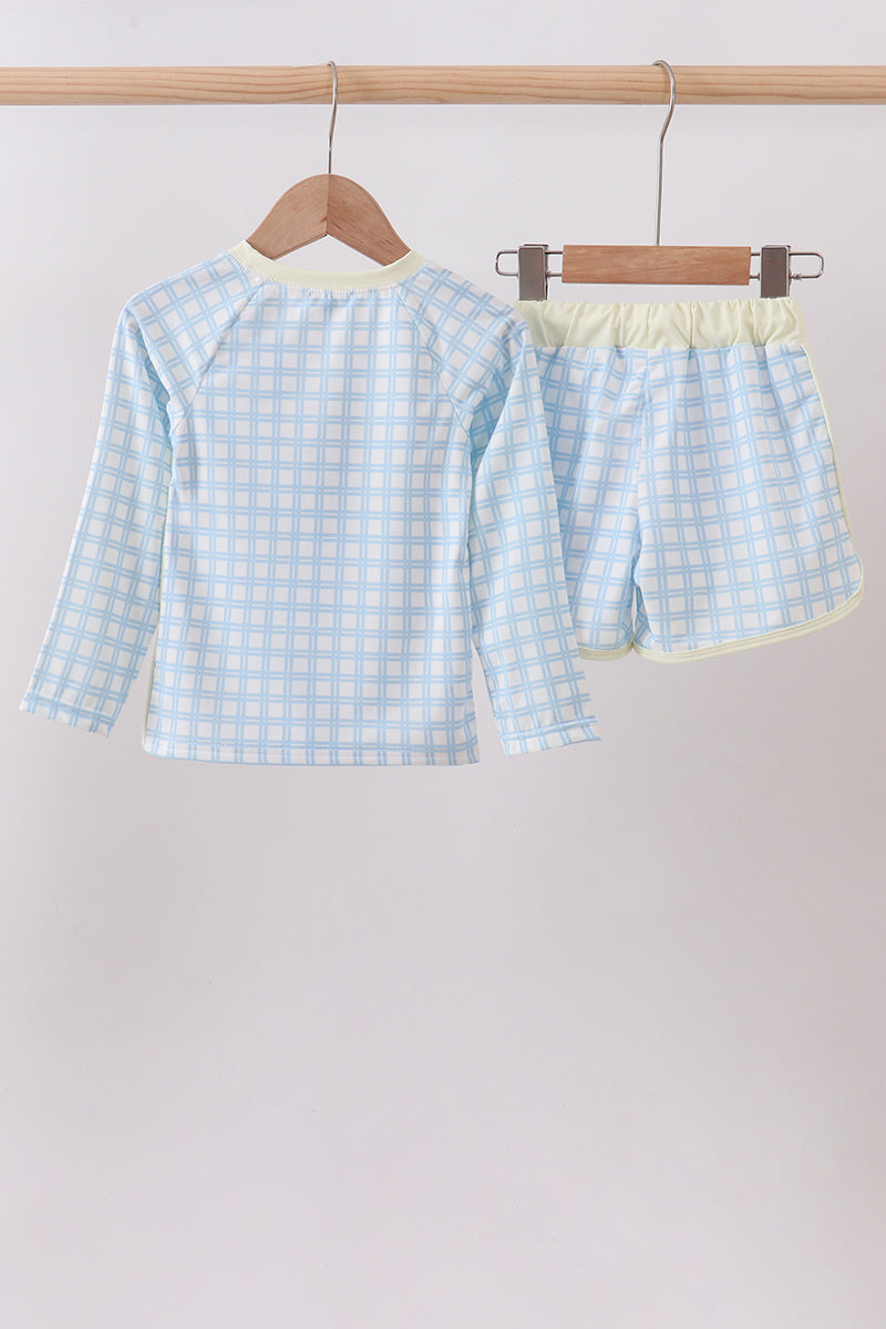 Abby & Evie Blue Crab Applique Plaid 2pc Boys Rashguard Set - 4
