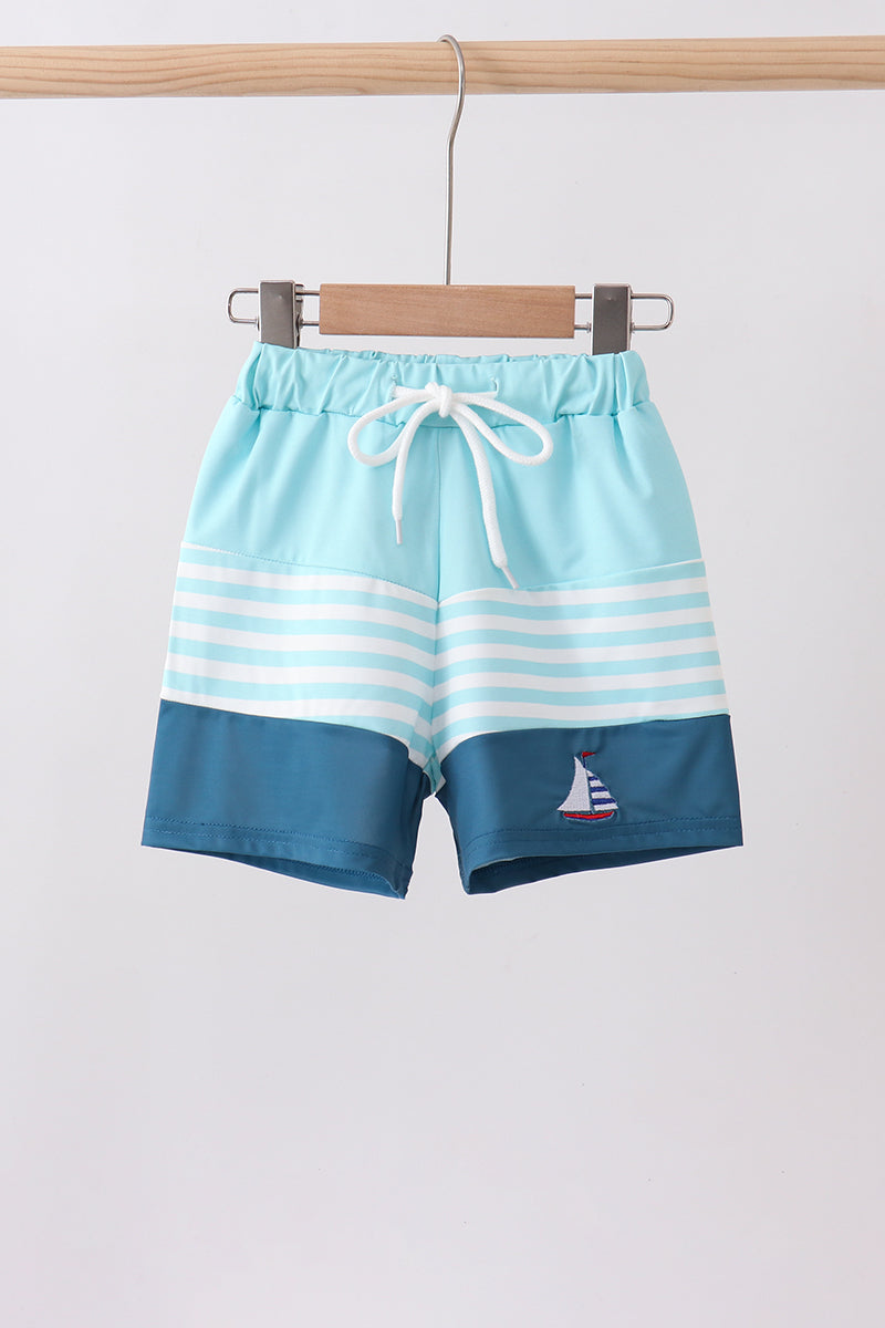 Abby & Evie Blue Stripe Sailboat Embroidery Boys Swim Trunks - 3