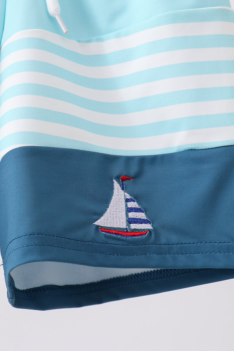 Abby & Evie Blue Stripe Sailboat Embroidery Boys Swim Trunks - 3