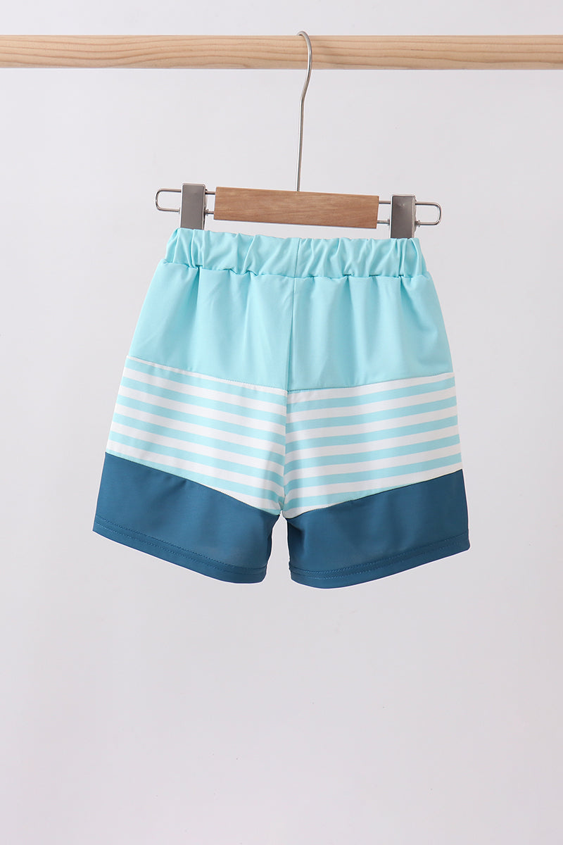 Abby & Evie Blue Stripe Sailboat Embroidery Boys Swim Trunks - 3