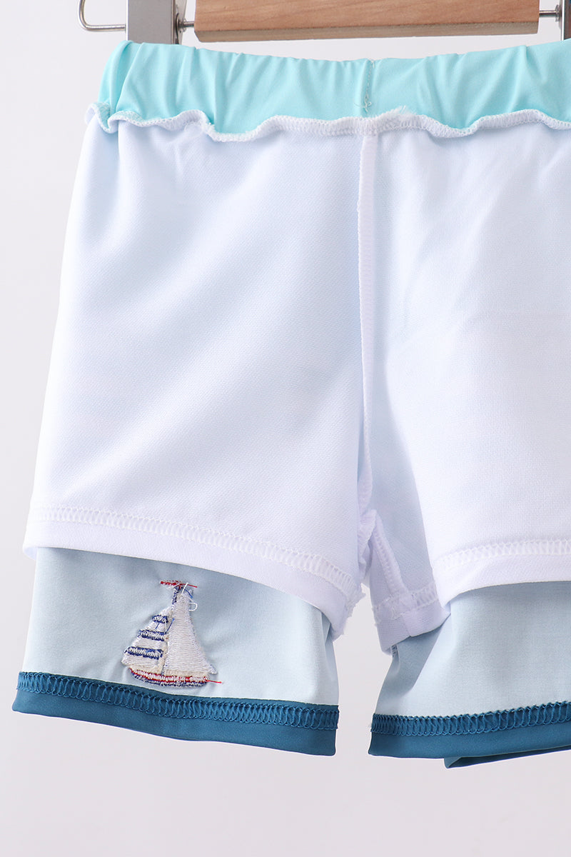 Abby & Evie Blue Stripe Sailboat Embroidery Boys Swim Trunks - 3