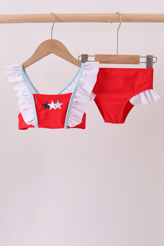 Abby & Evie Red Star Embroidery Ruffle 2pc Girls Swimsuit - 8