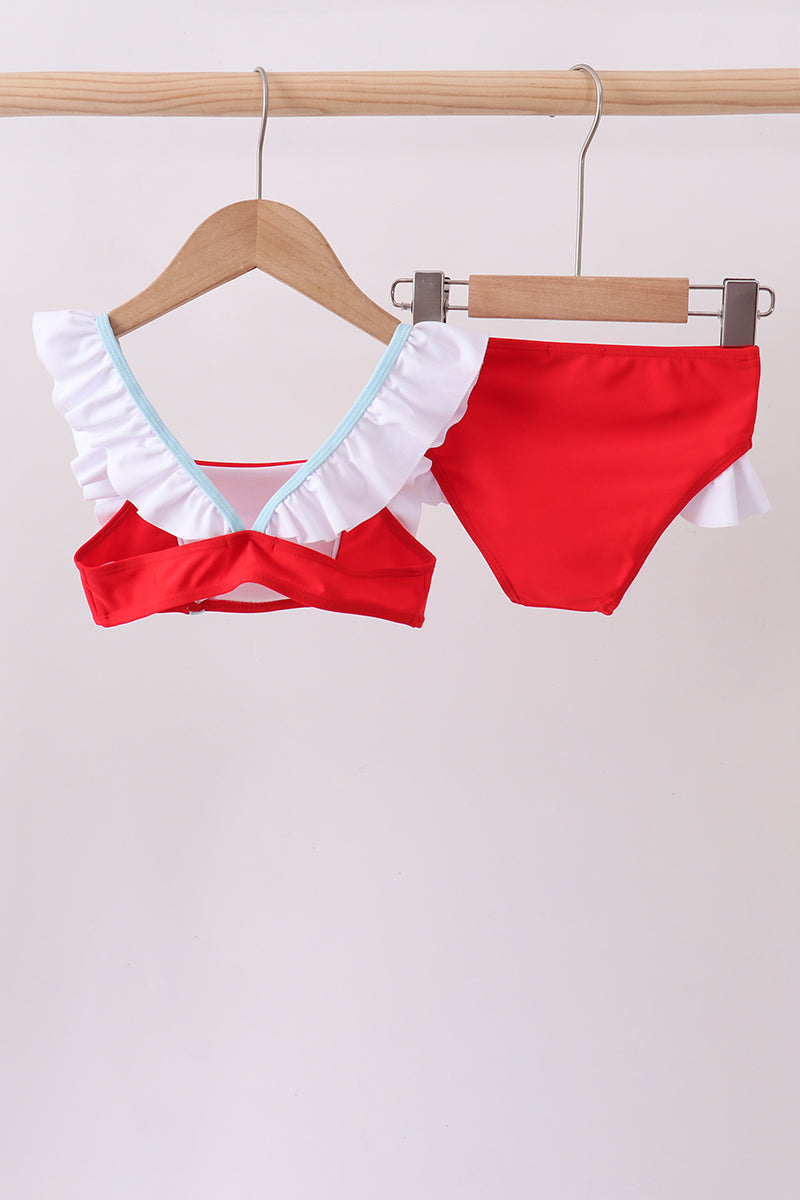 Abby & Evie Red Star Embroidery Ruffle 2pc Girls Swimsuit - 8