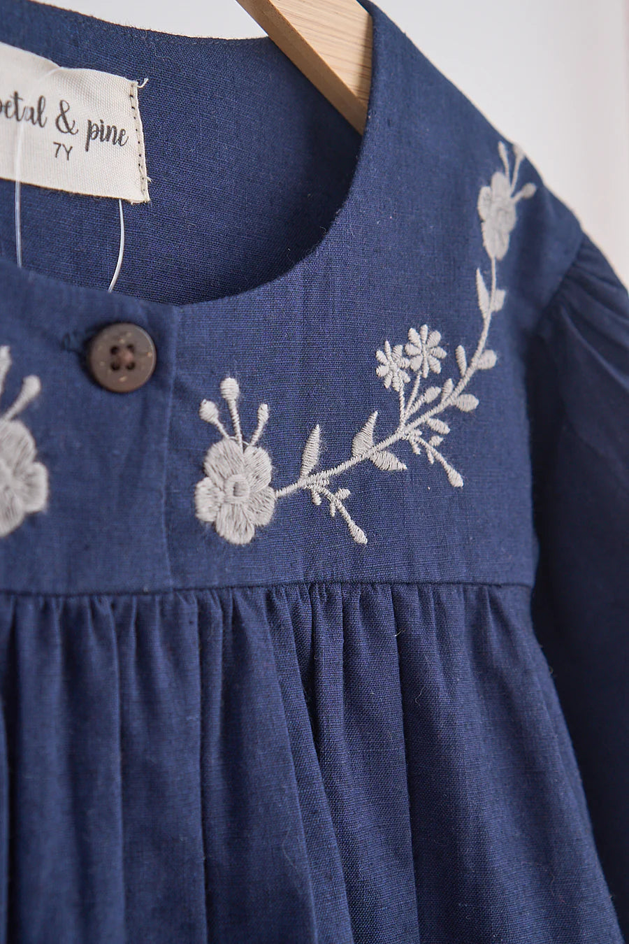 Petal & Pine Girl's Navy Floral Embroidery Linen Girl Dress - Size 5