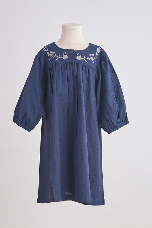 Petal & Pine Girl's Navy Floral Embroidery Linen Girl Dress - Size 5