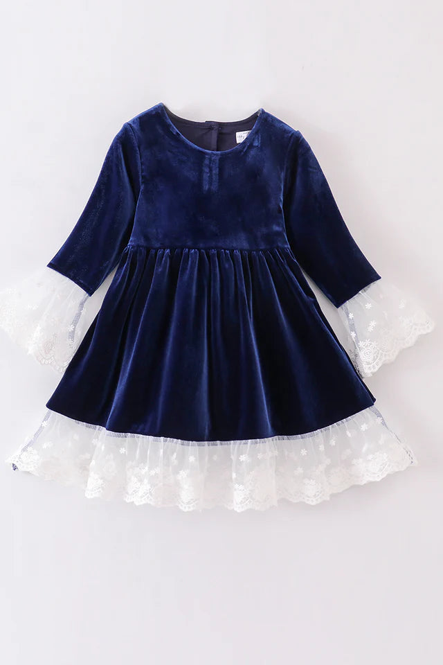 Abby & Evie Girl's Premium Navy Velvet Lace Dress- Toddler - Size 6, 8