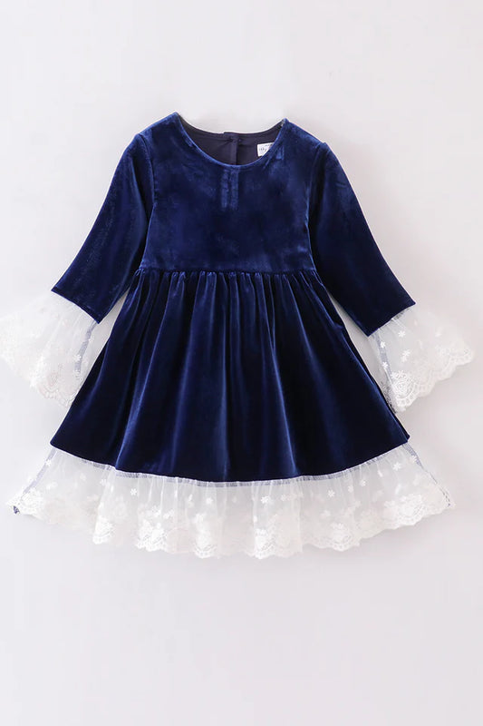 Abby & Evie Girl's Premium Navy Velvet Lace Dress- Toddler - Size 6, 8
