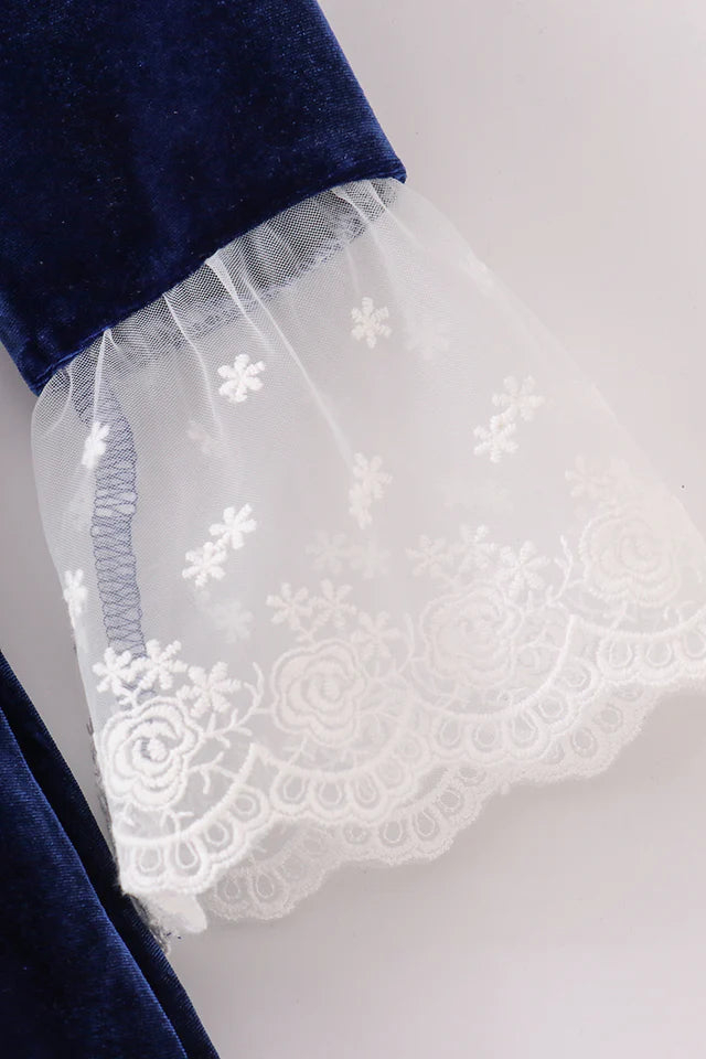 Abby & Evie Girl's Premium Navy Velvet Lace Dress- Toddler - Size 6, 8