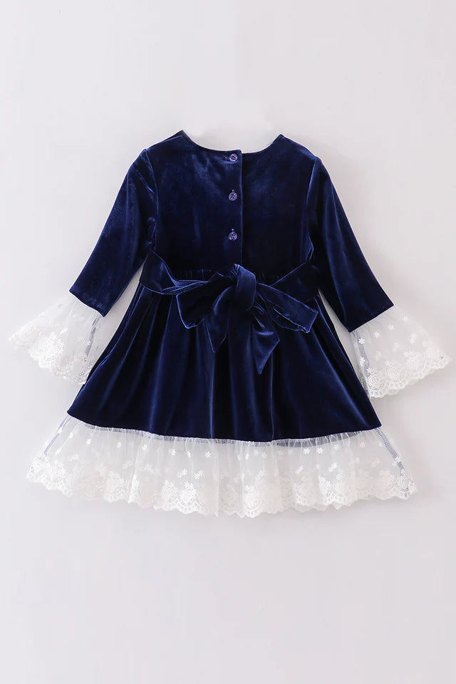 Abby & Evie Girl's Premium Navy Velvet Lace Dress- Toddler - Size 6, 8
