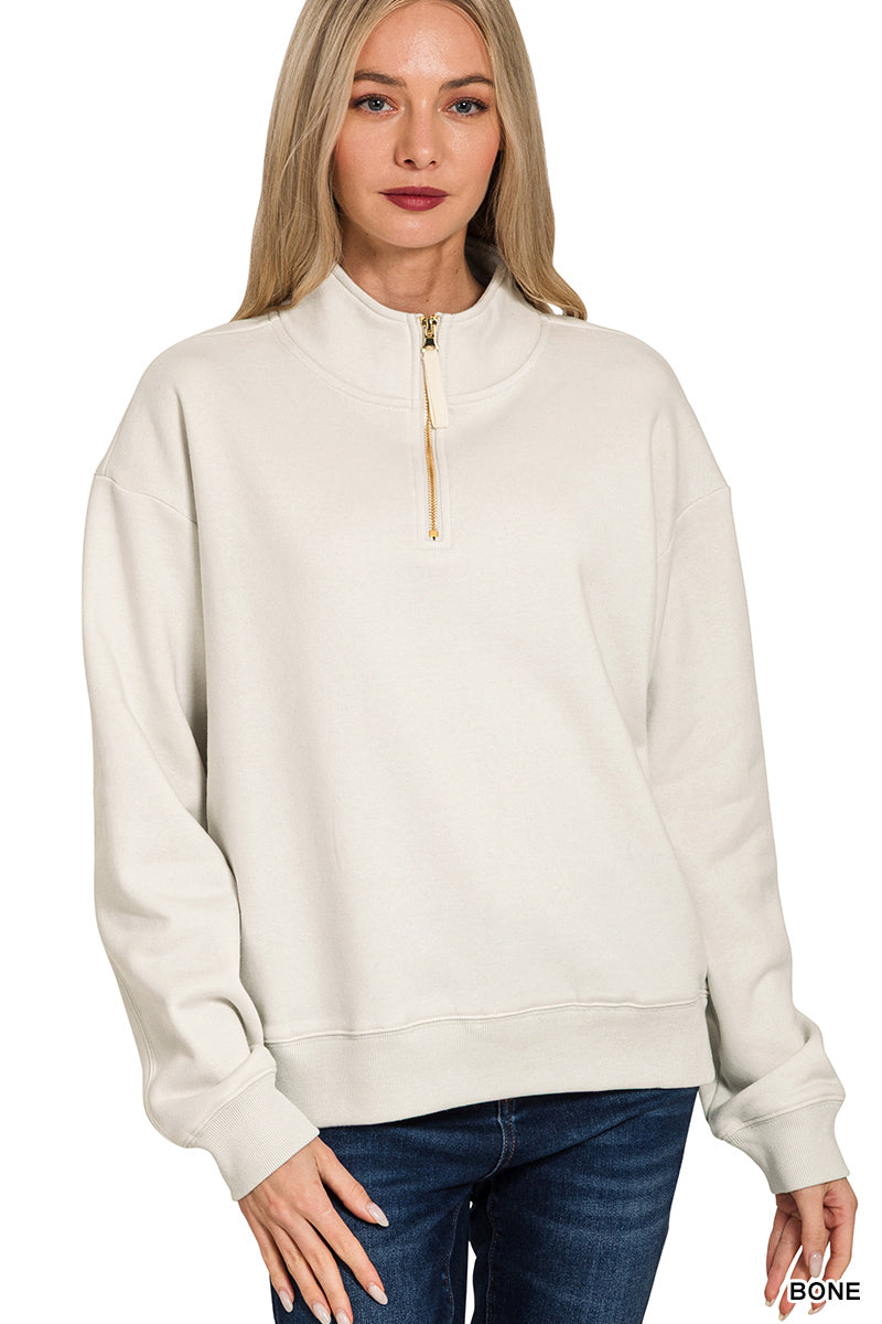 Zenana Women's Fleece Half Zip Sweatshirt - Bone