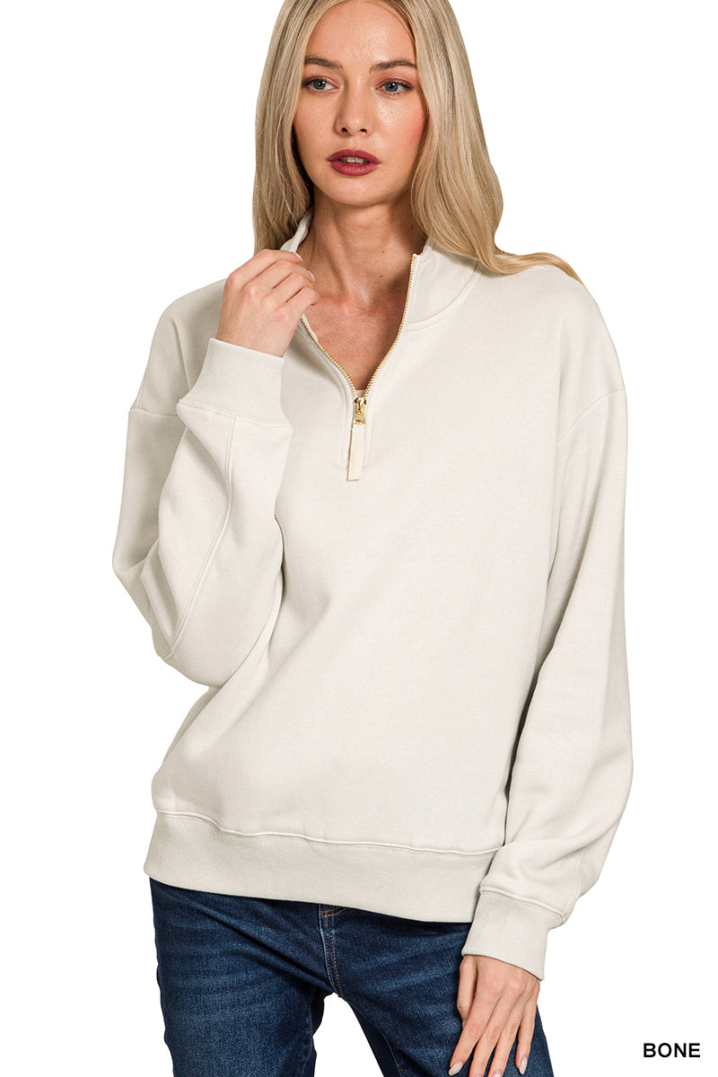 Zenana Women's Fleece Half Zip Sweatshirt - Bone