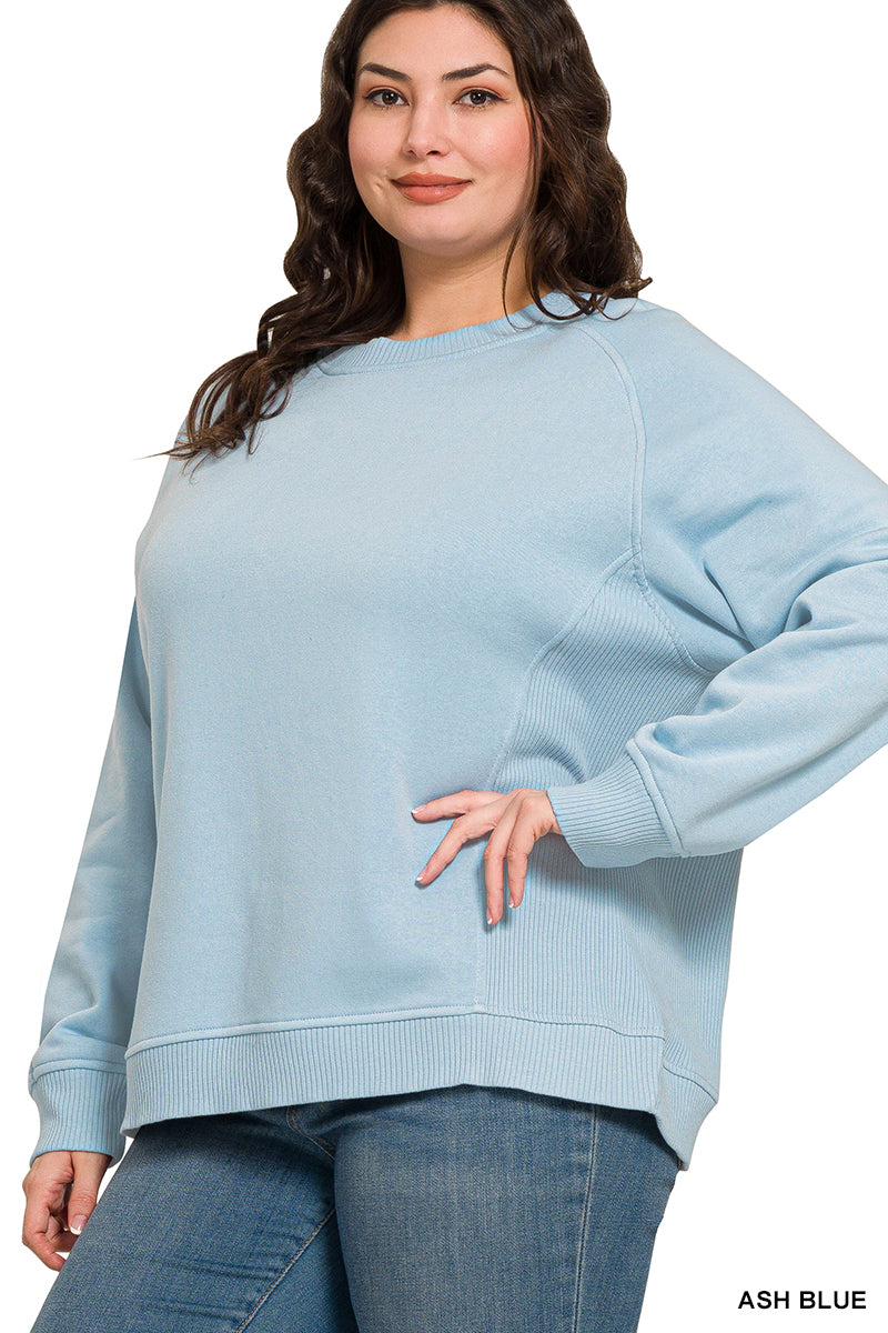 Zenana Women's Plus Fleece Round Neck Ribbed Side Raglan Sweatshirt - Ash Blue