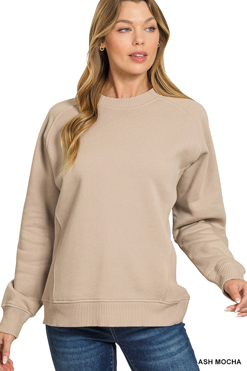 Zenana Women's Fleece Round Neck Pullover Sweatshirt - Ash Mocha