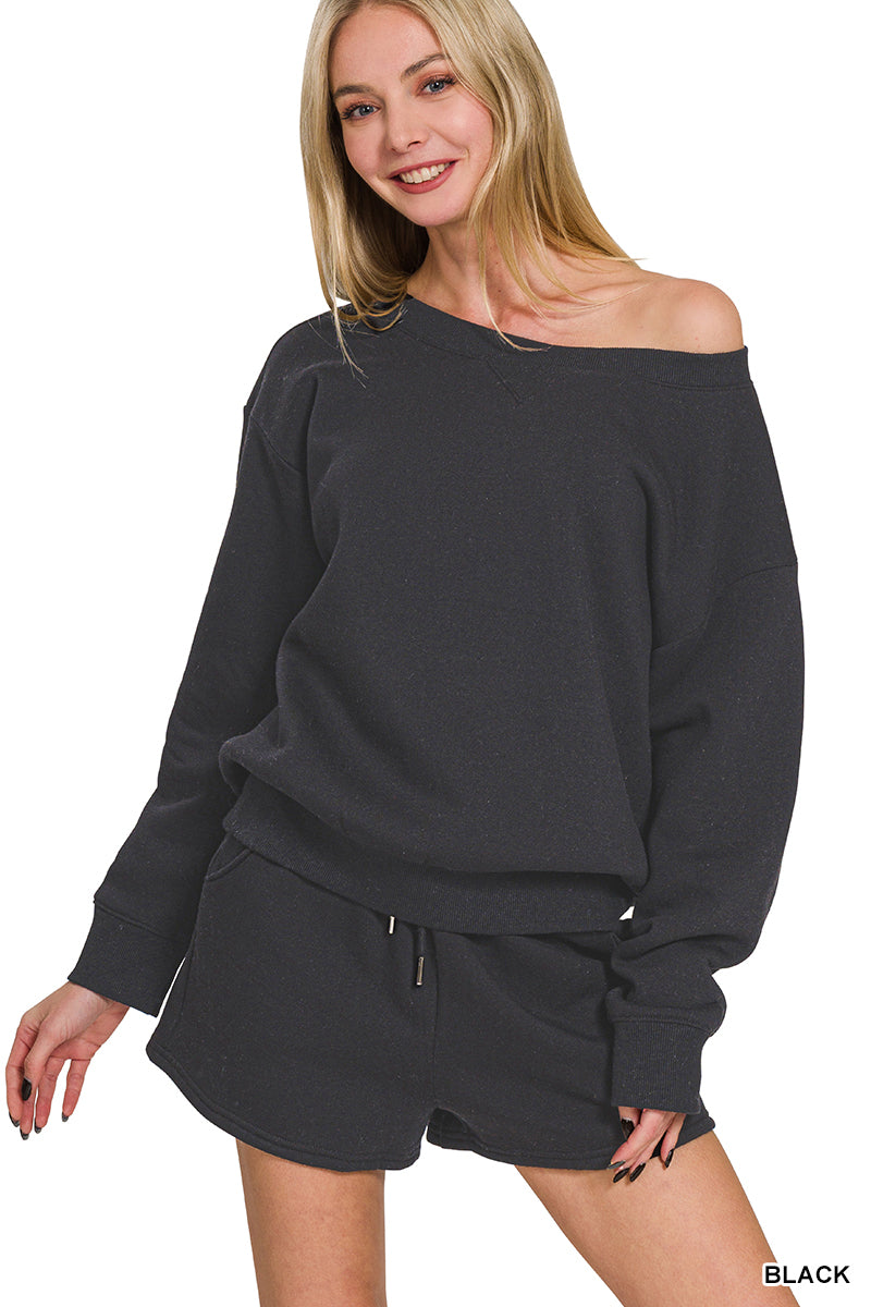 Zenana Women's Fleece Boat Neck Sweatshirts & Shorts 2pcs Set - Black