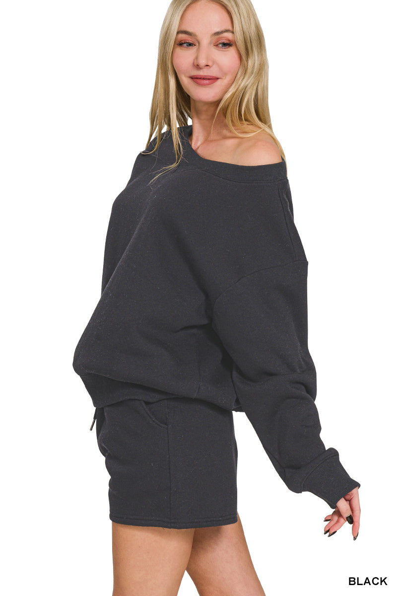 Zenana Women's Fleece Boat Neck Sweatshirts & Shorts 2pcs Set - Black
