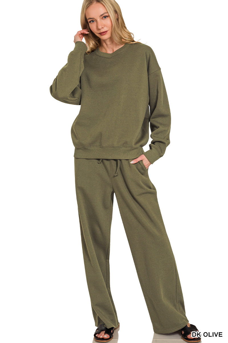 Zenana Women's Fleece Long Sleeve Pullover & Sweatpants Set - Dark Olive