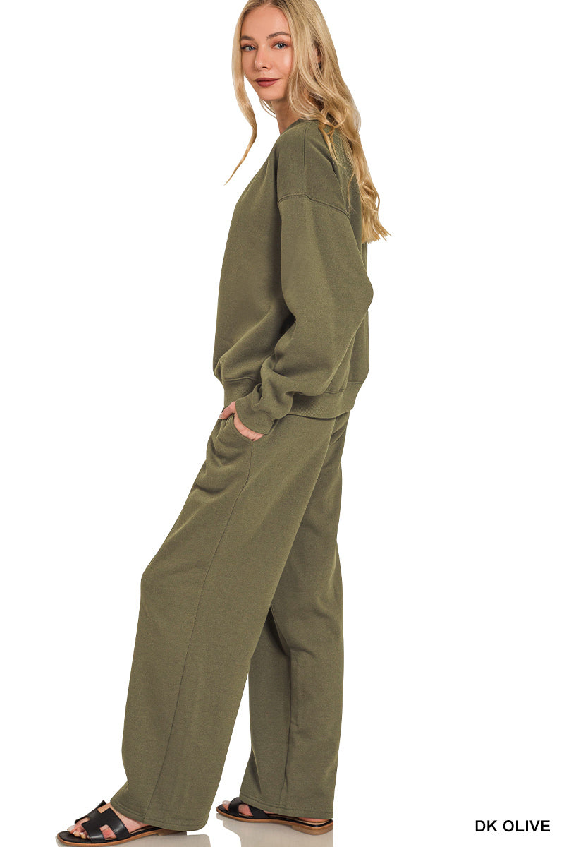 Zenana Women's Fleece Long Sleeve Pullover & Sweatpants Set - Dark Olive