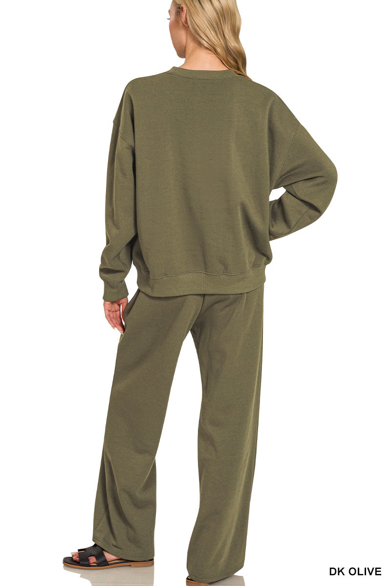Zenana Women's Fleece Long Sleeve Pullover & Sweatpants Set - Dark Olive