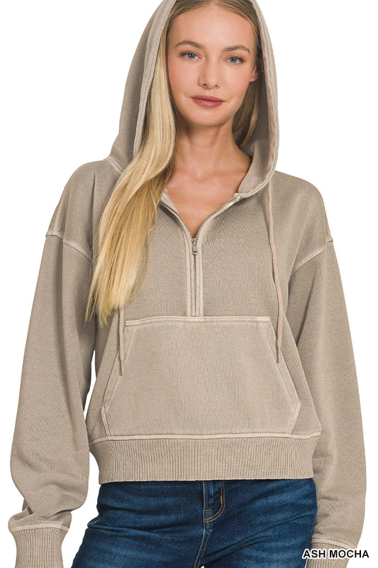 Zenana Women's Fleece Pigment Dye Half Zip Kangaroo Pocket Hoodie - Ash Mocha
