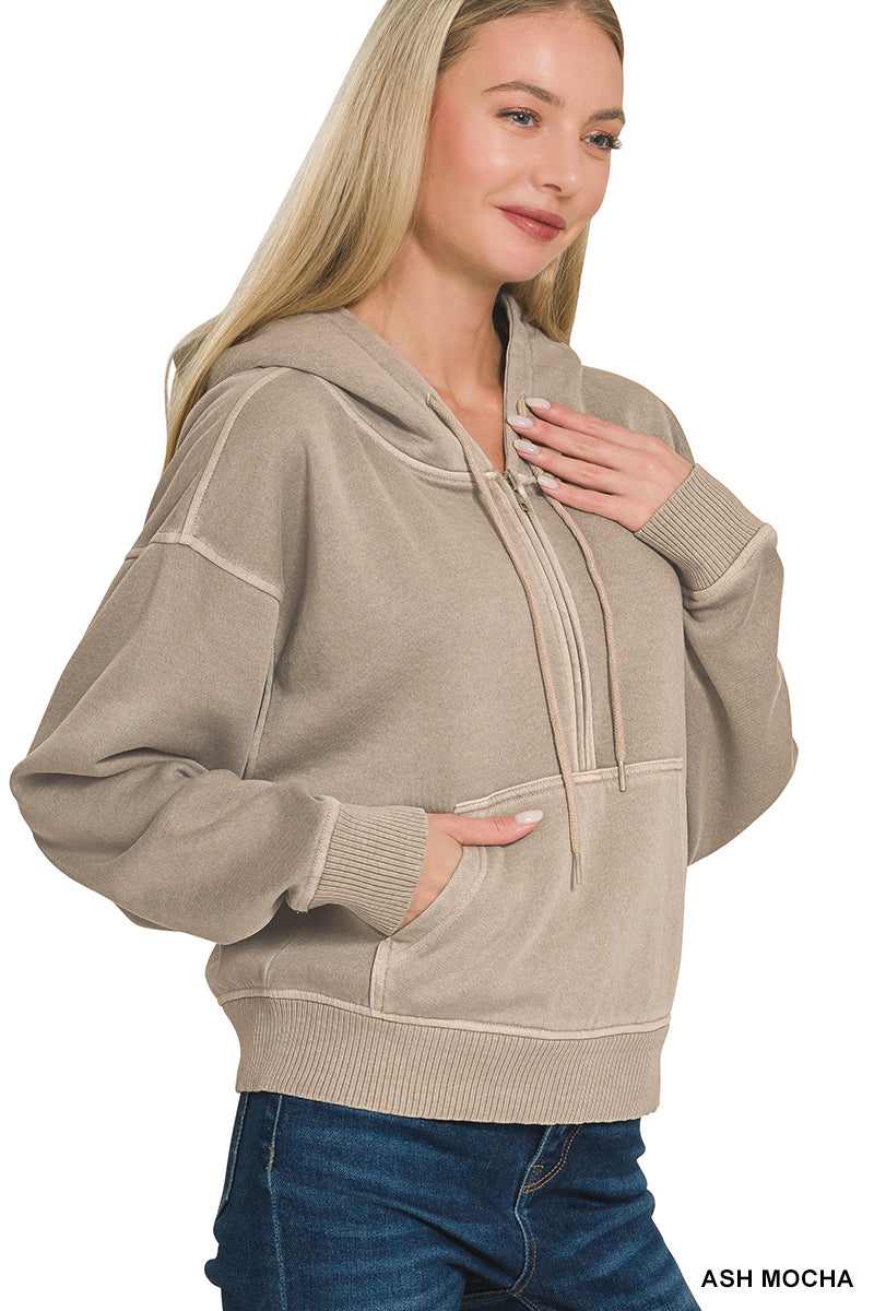 Zenana Women's Fleece Pigment Dye Half Zip Kangaroo Pocket Hoodie - Ash Mocha