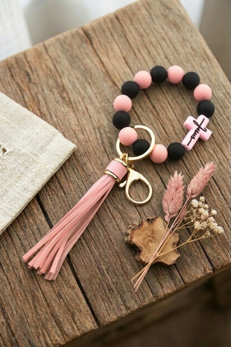 Jesus Cross Silicone Beaded Wristlet Keychain
