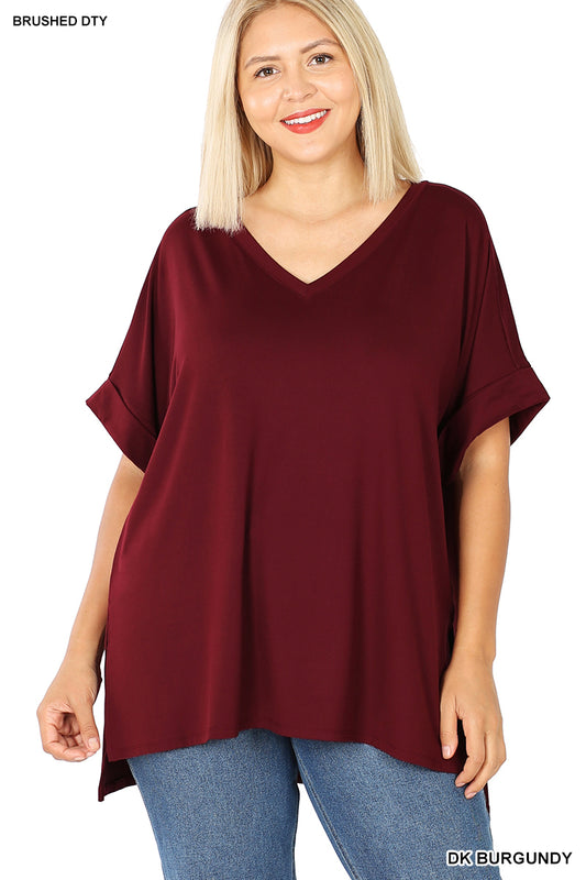 Zenana Women's Plus Brushed DTY Rolled Sleeve V-Neck Top - Dark Burgundy