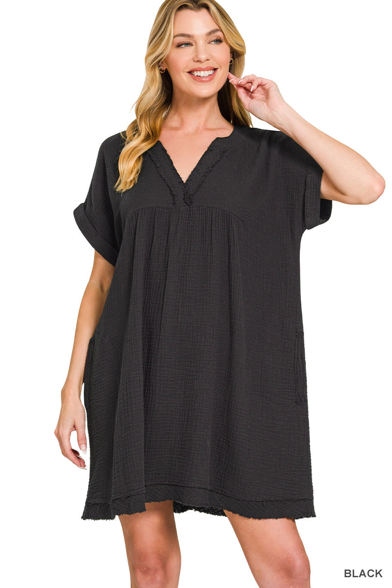 Zenana Women's Double Gauze Raw Edge V-Neck Dress - Black