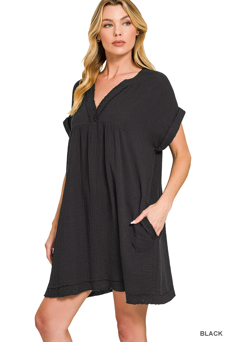 Zenana Women's Double Gauze Raw Edge V-Neck Dress - Black