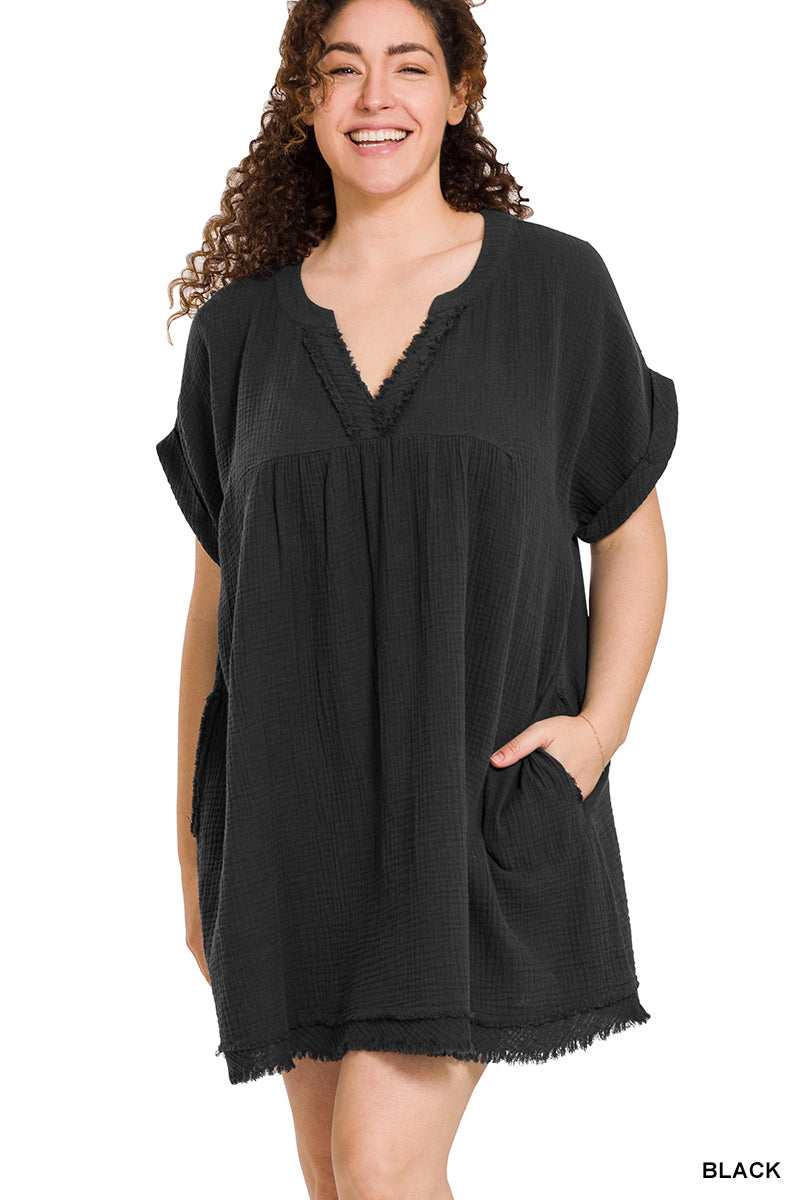 Zenana Women's Double Gauze Raw Edge V-Neck Dress Plus - Black