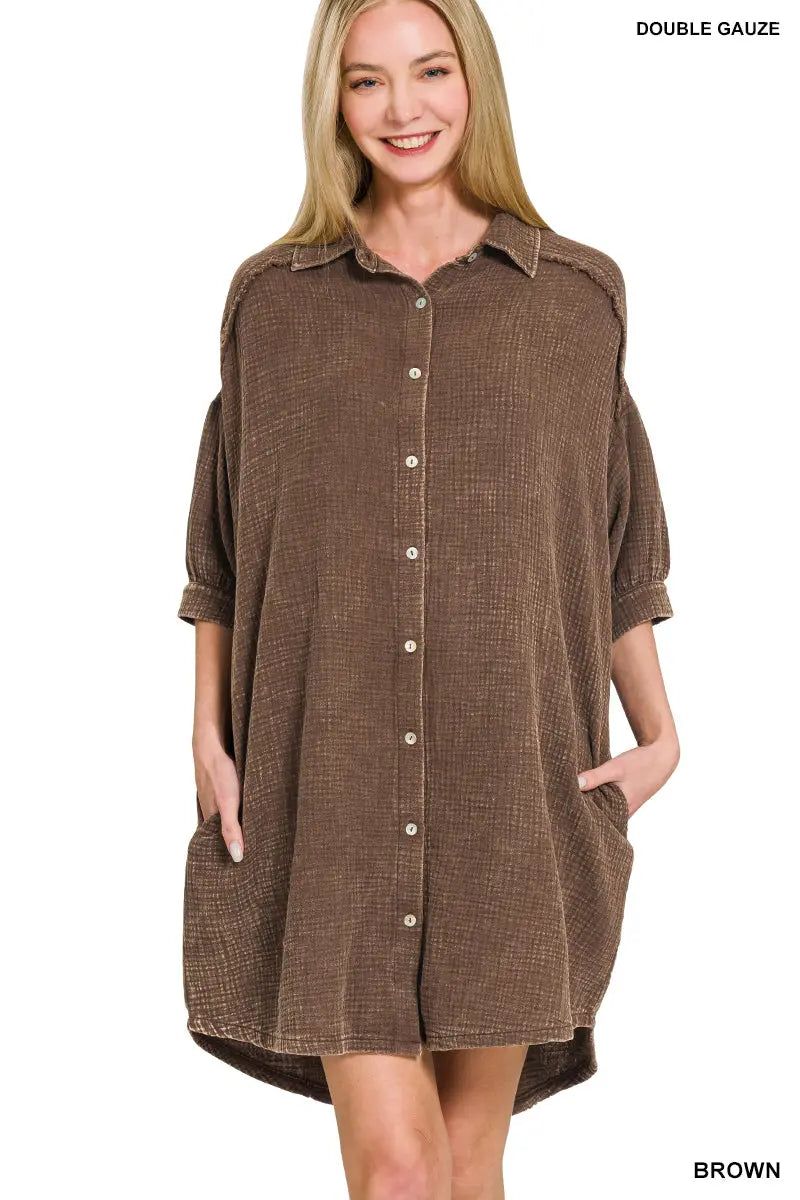Washed Double Gauze Button Down Shirt Dress
