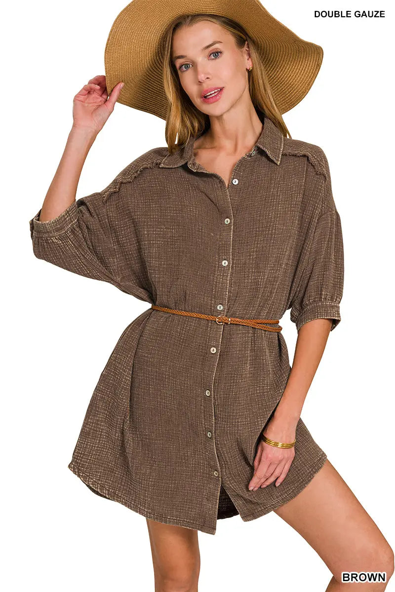 Washed Double Gauze Button Down Shirt Dress