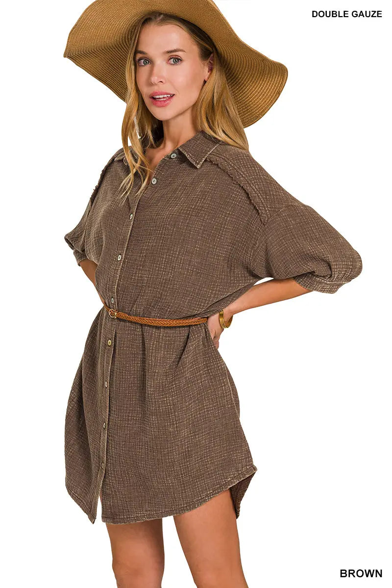 Washed Double Gauze Button Down Shirt Dress