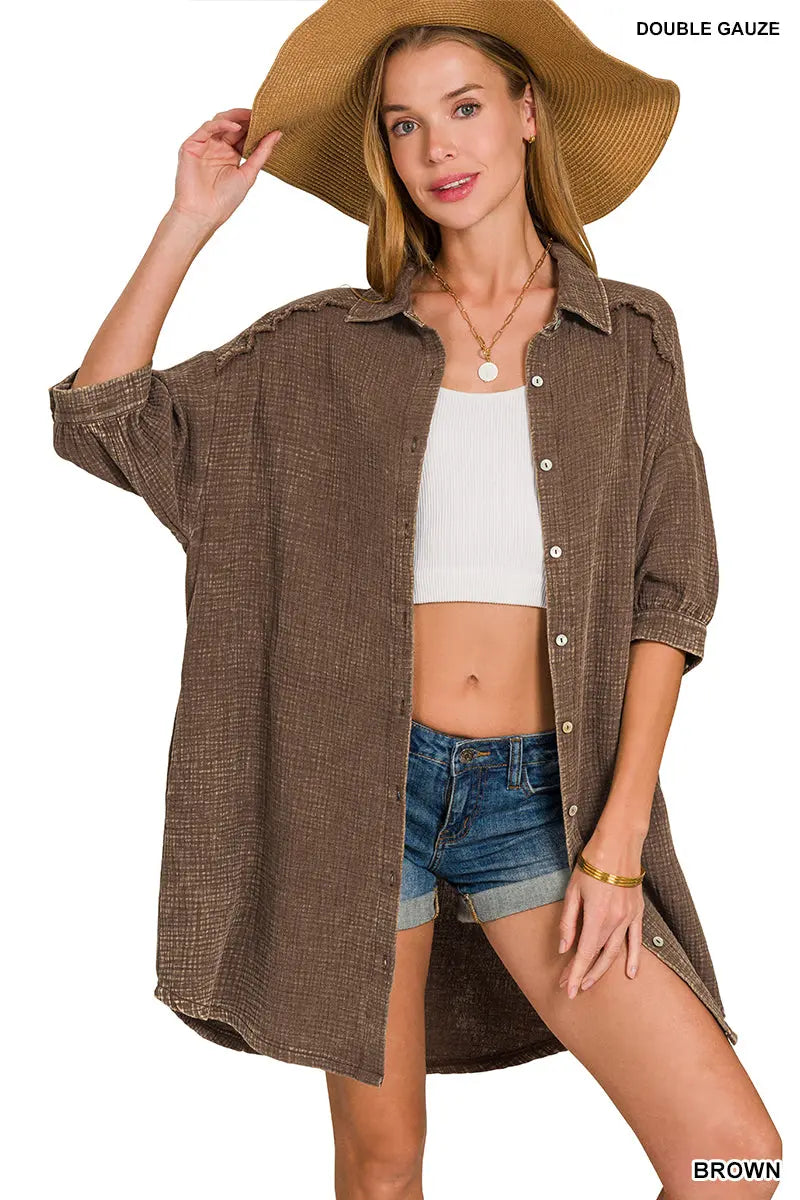 Washed Double Gauze Button Down Shirt Dress
