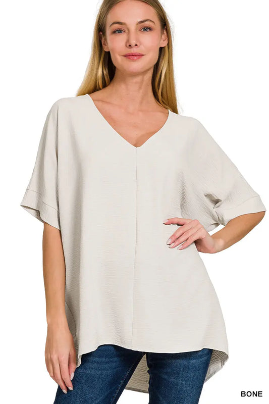 Zenana Women's Airflow V-Neck Dolman Top - Wrinkle-Resistant Short Sleeve - Bone