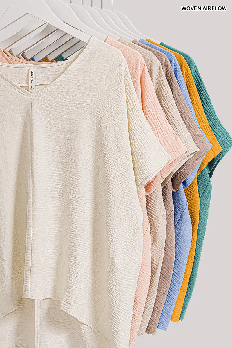 Woven Airflow V-Neck Dolman Short Sleeve Top