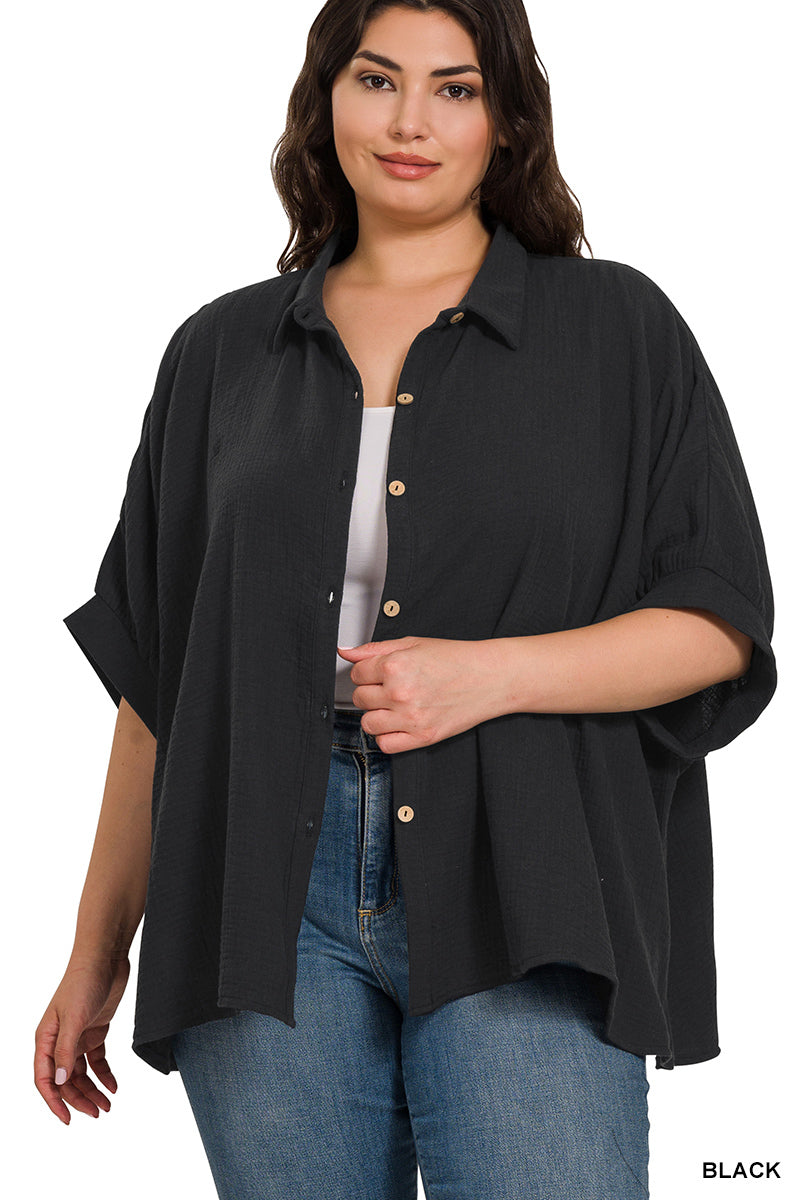 Zenana Women's Double Gauze 3/4 Sleeve Button Up Shirt - Black