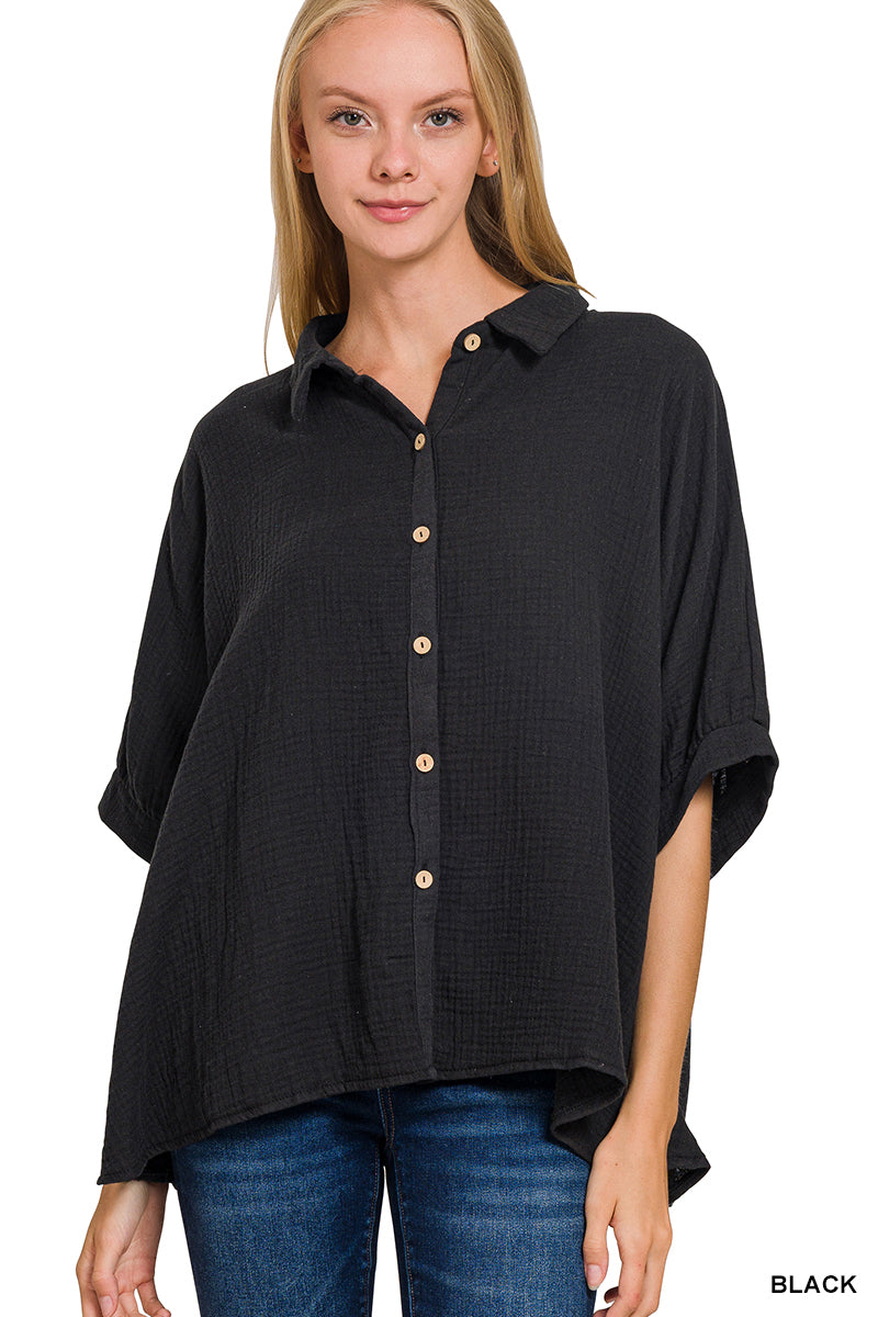 Zenana Women's Double Gauze 3/4 Sleeve Button Up Shirt - Black