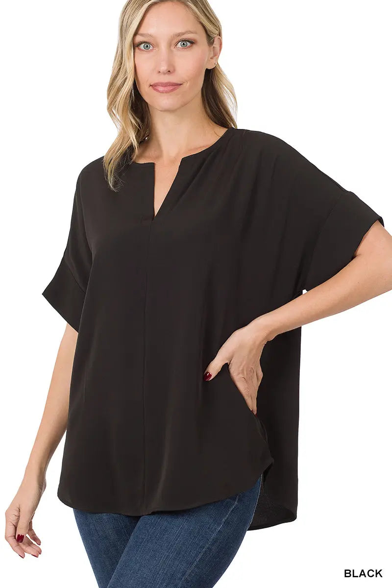Heavy Woven Span Split Neck Short Sleeve Top